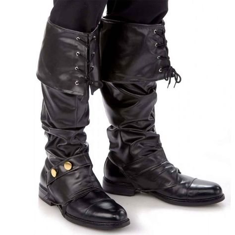 PRICES MAY VARY. Quality to Trust - These are deluxe vinyl black boot toppers made of very durable material with a leather-like finish. Get an authentic leather look & feel with gold snap closure marked by flawless craftsmanship. Elastic straps are super sturdy and stretchy. The top perfectly fits the calf and stays up even after extended use. Boot Covers Costume - Win compliments at any dress-up occasion with our black pirate boot covers for perfect pirate costumes, famous Jack Sparrow Costume, Jack Sparrow Costume, Armor Boots, Pirate Boots, Pirate Outfit, Pirate Fashion, Boot Covers, Santa Boots, Leather Armor, Faux Leather Boots