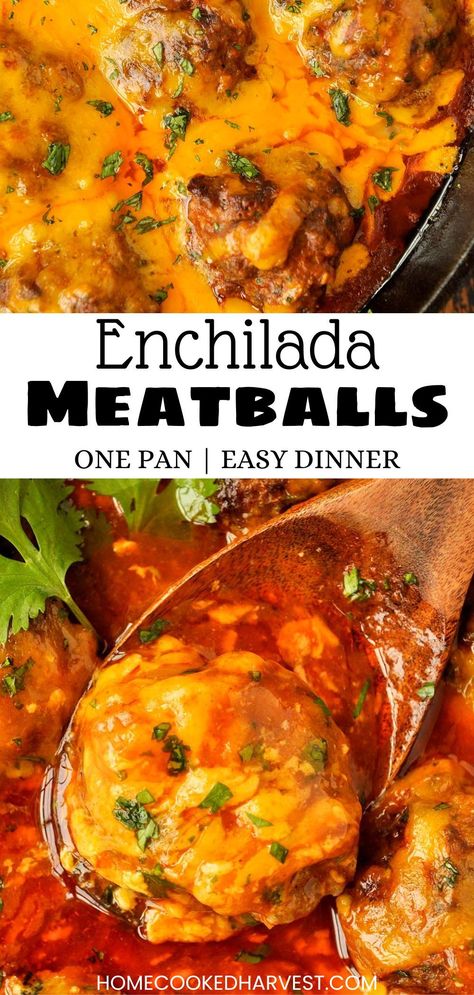 Enchilada Meatballs Enchilada Meatballs, Pan Dishes, Beef Enchilada, Free Lunch, Savory Meals, Red Enchilada Sauce, Dinner Meal, Gooey Cheese, Best Comfort Food