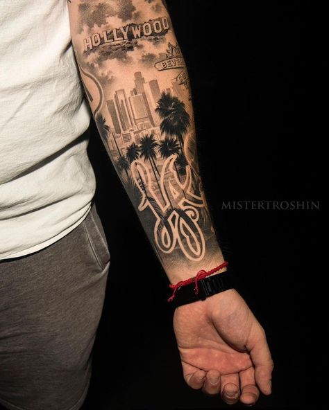 La Inspired Tattoos, Hollywood Tattoo Design, Florida Tattoos For Men, City Tattoo Ideas For Men, La City Tattoo, Street Tattoos For Men, Florida Tattoo Ideas For Men, La Tattoo Ideas, Miami Tattoo Ideas