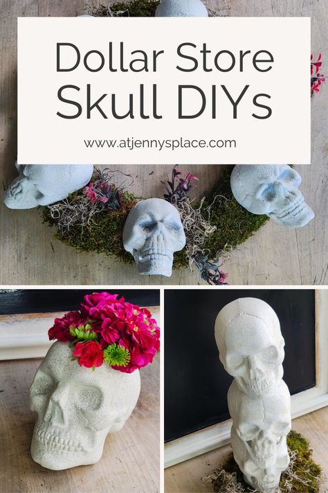 Dollar Tree Foam Skull Crafts, Dollar Tree Halloween Skull Decor, Dollar Tree Halloween Front Porch Decor, Dollar Tree Foam Skull Diy, Decorating Skulls Ideas, Skull Themed Birthday Party, Mini Skulls Decor, Decorated Skulls Halloween, Skull Centerpiece Halloween