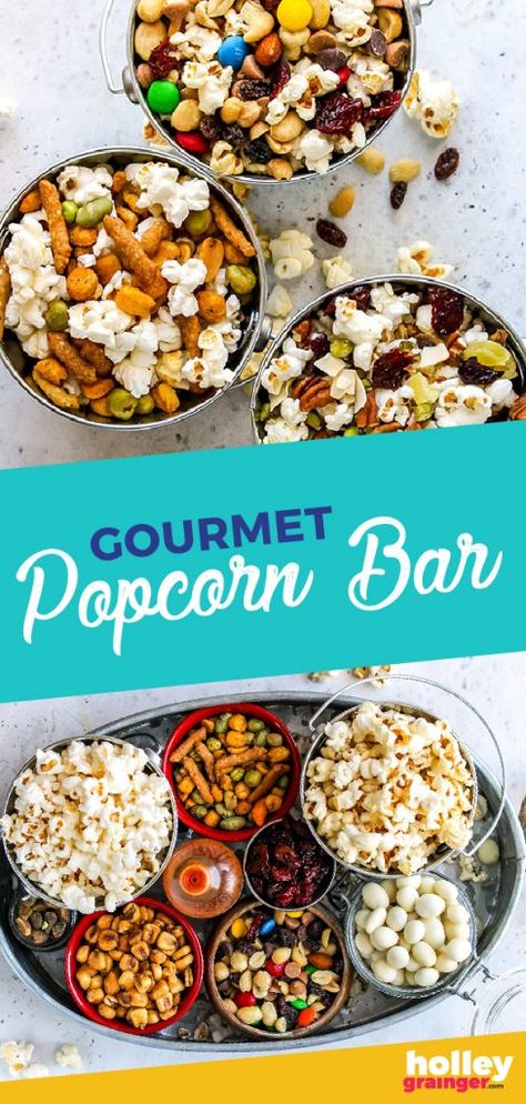 Gourmet Popcorn Bar from Holley Grainger Popcorn Salad Sweet, Party Snacks Cheap, Gourmet Popcorn Bar, Popcorn Toppings, Savory Popcorn, Party Food Bars, Soda Bar, Waffle Bar, Food Bars