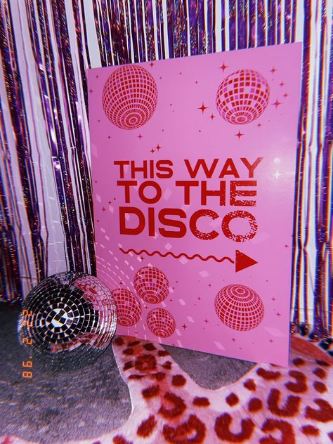 Hot Pink Disco Welcome Sign, Disco Ball Tile Art, Aisle Markers Disco Ball, Creative Seating Chart Wedding Disco, Pink Lights Party, Disco Ball Party Pink, Hot Pink And Silver Disco Party, Pink Party Welcome Sign, Disco Party Night Lights