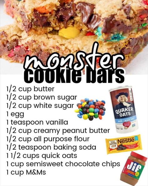 Monster Bars, Best Cookie Recipe Ever, Monster Cookie Bars, Monster Cookie, Dessert Bar Recipe, Peanut Butter Oatmeal, Ooey Gooey, Cookie Bar Recipes, Peanut Butter Chips