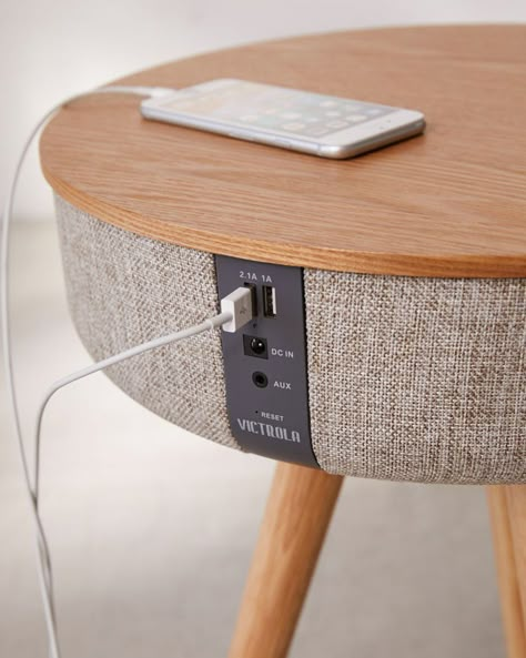 Victrola's Bluetooth Speaker Table Plays Music And Charges Your Phone - Speaker Tables Kursi Ban, Speaker Table, Man Home Decor, Bedroom Details, Smart Furniture, Creative Furniture, Retro Furniture, Furniture Details, Furniture Projects