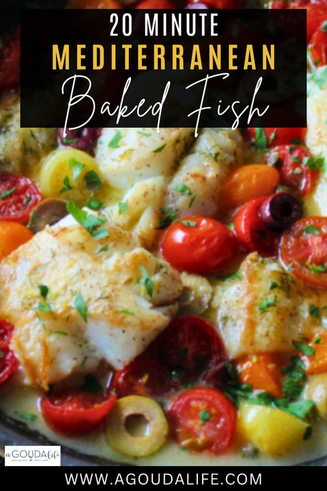 This is the BEST baked cod recipe you'll find! Tender, flaky white fish oven roasted Mediterranean style with tomatoes, olives and capers in a savory lemon-herb white wine sauce. Ready in just 20 minutes #bakedcod #mediterraneanrecipe #mediterraneancod #mediterraneanfood #mediterraneandiet #bakedfish #mediterraneanbakedfish #agoudalife Cod Tomatoes Olives, Mediterranean Fish Bake, Easy Mediterranean Baked Fish, Fish Tomatoes Olives Capers, Mediterranean Cod Recipes Baked Fish, Baked Mediterranean Cod, Pan Seared Mediterranean Cod, Mediterranean White Fish Recipes, Greek Cod Recipes