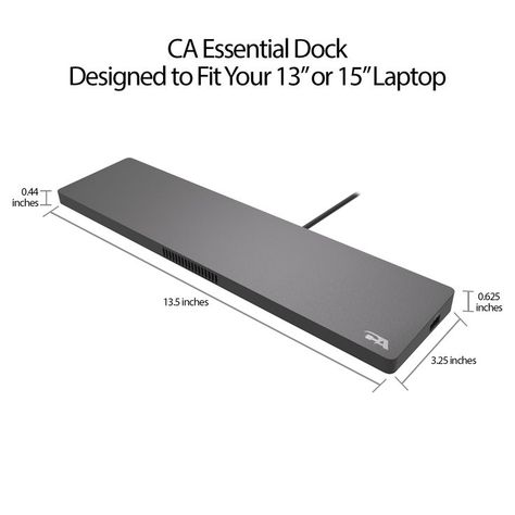 CA Essential Laptop Docking Station Dual Monitor Capable dimensions diagram. Docking Station Laptop, Laptop Organization, Dual Monitor, Work Space Organization, Usb Type A, Fan Speed, User Guide, Ac Power, Docking Station