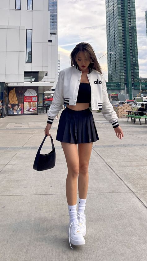 this sold out jisoo jacket is still hard to find, saving this post here so I’ll remember to check up on it!    Jisoo x Alo Collaboration Early Life and Aspirations Born as Kim Ji-soo… The post Jisoo Alo Jacket appeared first on Kerina Mango. Tennis Skirt And Crop Top Outfit, Crop Skirt Outfits, Varsity Crop Jacket Outfit, Cropped Jacket With Skirt, Alo Jacket Outfit, Womens Varsity Jacket Outfit, How To Style Cropped Jacket, White Crop Jacket Outfit, Crop Top Outfits With Skirt