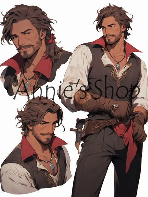 Hot Pirate Art, Pirate Captain Outfit Male, Woodcutter Character Design, Anime Pirate Guy, Pirate Character Design Male, Prince Hairstyle, Pirate Captain Character Design, Pirate Dnd Character, Pirate Art Male