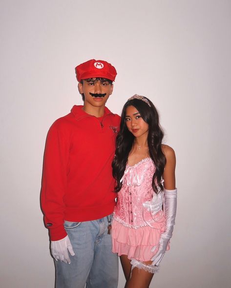 princess peach costume mario costume princess peach and mario couples costume Mario Peach Costume, Mario And Princess Peach Costume, Princess Peach And Mario, Couples Costumes Halloween, Costume Mario, Princess Peach Costume, Peach Costume, Mario Costume, Mario And Princess Peach