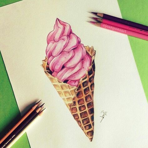 Strawberry ice cream cone drawing Ice Cream Cone Drawing, Ice Cream Painting, Drawing Lips, Desserts Drawing, Ice Cream Art, Prismacolor Art, Dark Art Drawings, Art Drawings Sketches Creative, Color Pencil Art