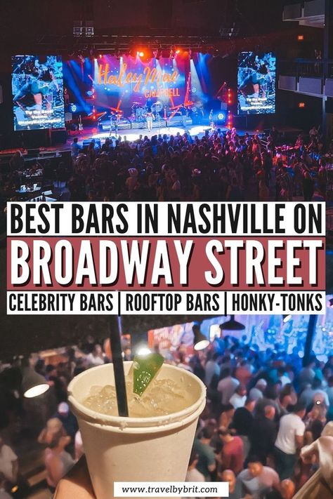 If you're in Nashville, you can't miss the chance to check out some of these celebrity bars, honky-tonks, and rooftop bars on Lower Broadway Street in Nashville for live music, line-dancing lessons, and great food & drinks! #broadwaystreet #broadwaynashville #lowerbroadwaynashville Best Bars In Nashville, Country Bars, Broadway In Nashville, Nashville Tennessee Vacation, Nashville Broadway, Broadway Street, Nashville Bars, Nashville Travel Guide, Tennessee Road Trip