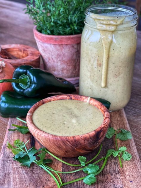 Creamy Vegan Poblano Cheese Sauce | Plantiful Kiki Kiki Nelson Recipes, Plantiful Kiki Recipes, Vegan Poblano, Plentiful Kiki, Plantiful Kiki, Soy Ginger Sauce, Roasted Poblano Peppers, Vegan Salad Dressing, Cheese Sauce Recipe