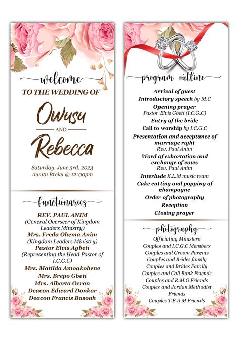 Engagement or wedding ceremony program outline Program Of Events Design, Wedding Reception Program Outline, Program Outline Design, Wedding Reception Program Ideas, Small Wedding Planning Checklist, Reception Order Of Events, Magazine Wedding Program, Zulu Bride, Reception Program