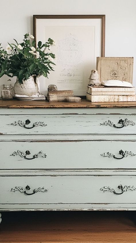 Transform an old dresser with a fresh coat of chalk paint! This DIY dresser makeover is perfect for giving tired furniture a new lease on life with a matte, vintage-inspired finish. Learn how to create a shabby-chic look with chalk paint and bring charm to any room with this simple, budget-friendly project. 🎨🛠 #ChalkPaintMakeover #DIYDresser #FurnitureMakeover #ShabbyChicDecor How To Makeover A Dresser, Antique Oak Dresser Makeover, Painted Dresser With Wood Top, Repainted Dresser Ideas, White Dresser Diy, Dresser Makeover Ideas, Unique Furniture Painting, Wood Dressers Makeover, Antique Dresser Makeover