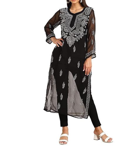 White Embroidery Black Chikankari Women Kurtis with Free Inner Slips, Black Readymade Kurta with Lining Slip, Indian Women's Clothes Dress. Product Features --- Fabric _ Georgette Kurti & Cotton Inner Slips Color - Black Pattern - Floral & Leafy Work - Chikankari Embroidery Work Style - Straight Sleeve - 3/4 Sleeve Neck - Crew Neck Length - Below Knee Length Wash Care - Hand Wash Pack Included - 1 Kurti and 1 Free Inner Slips with the dress Occasions - Festival & Party wear, Casual Wear, Summer Black Chikankari Kurta, Georgette Kurta, Chikankari Kurta, Chikankari Embroidery, Kurta For Women, Embroidery Top, Georgette Fabric, Party Wear Dresses, White Embroidery