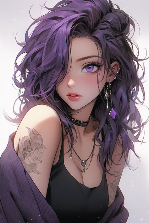 Image Anime Female Black Hair Purple Eyes, Purple Anime Woman, Character Art Purple Hair, Anime Violet Hair, Purple Hair Anime Female, Purple Hair Character Design, Purple Hair Oc, System Faceclaims, Characters With Purple Hair