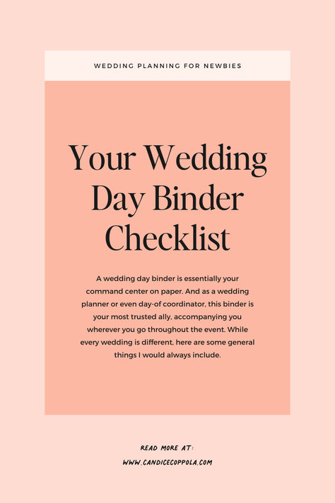 A wedding day binder is essentially your command center on paper. And as a wedding planner or even day-of coordinator, this binder is your most trusted ally, accompanying you wherever you go throughout the event. While every wedding is different, here are some general things I would always include.  #weddingdayguide #weddingbinder #weddingplanneradvice #weddingplanning Day Of Binder Wedding, Wedding Binder Day Of, Wedding Coordinator Checklist Day Of, Wedding Board Ideas Planners, Wedding Day Of Binder, Wedding Day Coordinator Checklist, Wedding Binder Table Of Contents, Mlm Weddings, Day Of Wedding Coordinator Duties