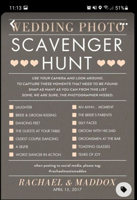 Wedding Photo Scavenger Hunt, Wedding Scavenger Hunt, Picture Scavenger Hunts, Tangled Wedding, 25th Wedding Anniversary Party, Anniversary Plans, Hunting Wedding, Wedding Caterer, Polaroid Wedding