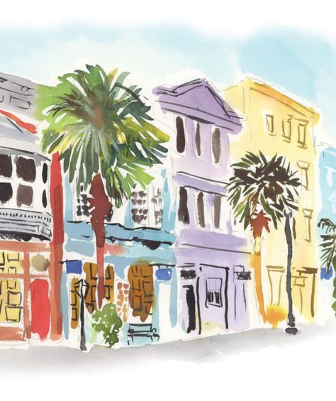 Charleston Sc Watercolor, Low Country Art, Summer Posters, Rainbow Row Charleston, South Carolina Art, Julie King, Charleston Beaches, Charleston House, Charleston Hotels