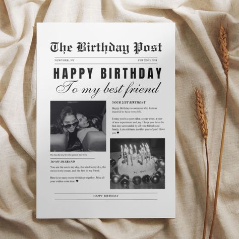 Birthday Newspaper post to to celebrate a special person! <3 This digital download is perfect for any florist, or person who would like to make their their special gift or bouquet stand out from the rest. Place this downloadable newspaper insert around your flowers or in your gift basket for a unique touch <3 Included:  -PDF with link to Editable Newspaper- can change the photos, wording, font etc. to make your very own customized newspaper :) If you have any trouble or questions, feel free to message me! Birthday Gifts For Boyfriend Pictures, Bf Birthday Gift Ideas, Birthday Newspaper Template, Bday Surprise Ideas, 25th Birthday Gifts For Him, Birthday Bedroom Surprise For Him, Personal Birthday Gifts, Bf Birthday Gifts, 21 Birthday Gifts