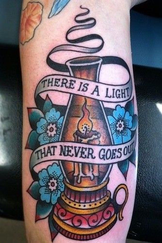 5. The Smiths Tattoo. There Is A Light That Never Goes Out Tattoo. Lamp Tattoo. Candle Tattoo. Back Tattoo. Lamp Tattoo, Lantern Tattoo, Memorial Tattoo, Classic Tattoo, 1 Tattoo, American Traditional Tattoo, Morrissey, Tattoo Love, Pattern Tattoo