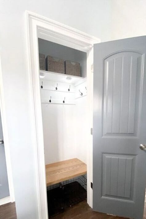 Small Closet Makeovers, Pantry Closet Makeover, Small Entryway Closet, Small Entry Closet, Entryway Closet Makeover, Coat Closet Makeover, Coat Closet Ideas, Closet Makeovers, Small Coat Closet