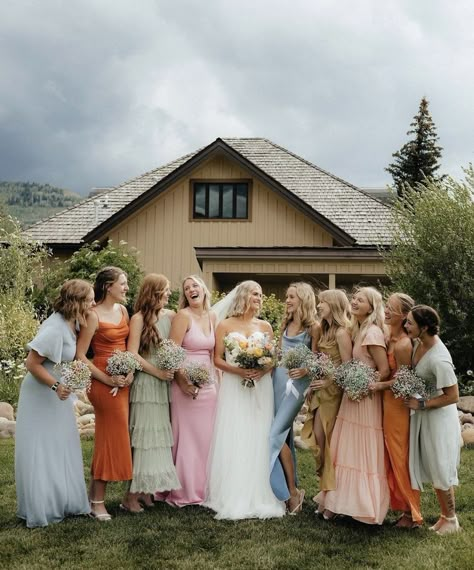 Spring Garden Wedding Bridal Party, Multicolored Bridesmaids Dresses Boho, Mismatched Bridesmaid Dresses Wildflower, Long Spring Bridesmaid Dress, Neutral Colorful Wedding, Colorful Bridesmaid Dresses Summer, Bridesmaids All Different Colors, Pastel Rainbow Bridesmaids, Wildflower Wedding Colors Bridesmaids