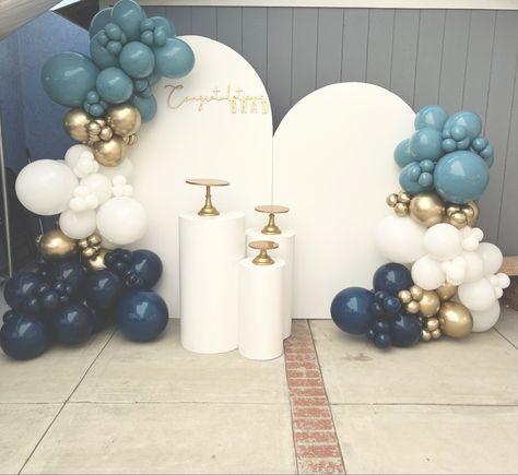 Navy Balloon Garland, Panel Walls, Navy Background, Blue Balloons, Gold Balloons, Navy Gold, Grad Party, Grad Parties, Balloon Arch