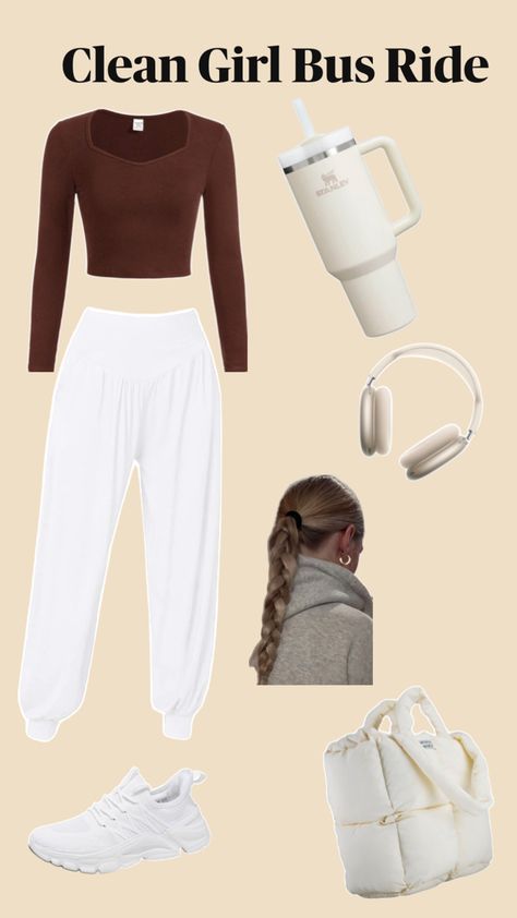 Cute basic effortless outfit for a long bus or car ride!! Effortless Outfit, Bus Ride, Car Ride, Clean Girl