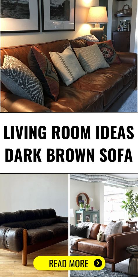 Explore 26 Chic Living Room Ideas Featuring Dark Brown Sofas - placeideal.com Pillows For Dark Brown Leather Sofa, Coffee Brown Sofa Living Room Ideas, Dark Brown Leather Sofa Living Room Decorating Ideas, Dark Brown Couch Pillow Ideas, Dark Leather Couch Living Room Decor, Dark Brown Furniture Living Room, Living Room Dark Brown Couch, Living Room Ideas Brown Couch, Leather Brown Couch