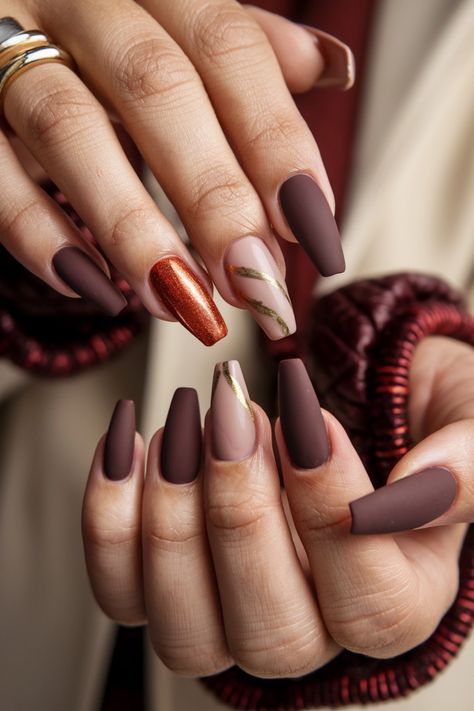 Embrace the beauty of autumn with these stunning coffin-shaped fall nail ideas. Featuring rich hues of burgundy and burnt orange along with delicate gold accents, this nail style captures the essence of the season perfectly. Whether you're dressing up for a pumpkin spice outing or simply showcasing your seasonal spirit, these nails are the ideal statement. Get inspired for your next manicure! Fall Nail Ideas, Autumn Nail, Sweater Nails, Nail Style, Autumn Nails, Nail Art Galleries, Fall Nail, Trendy Fall, Fall Nail Designs