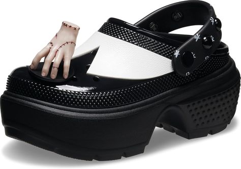 Amazon.com | Crocs Unisex Wednesday Addams Stomp Clog, Black, 7 US Men | Mules & Clogs Black Cello, Crocs Platform Clog, Weird Shoes, Crocs Platform, Platform Crocs, Platform Clogs, Elevated Style, Unique Shoes, Wednesday Addams