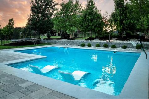 L Shaped Pool With Tanning Ledge, Pool With Retaining Wall, L Shaped Pool, Pool With Tanning Ledge, Backyard Renovation, Pools Backyard, Backyard Renovations, Retaining Wall, Backyard Pool