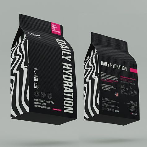 Design #85 by Menna_77 | Design eye catching packaging for a premium hydration powder based in USA Powder Package Design, Minimal Coffee Packaging, Coffee Bean Bags, Black Packaging, Hydrating Drinks, Food Pouch, Brand Guide, Coffee Packaging, Logo Restaurant