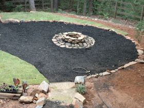 Mulch around firepit Rubber Mulch Fire Pit Area, Fire Pit With Mulch Around It, Fire Pit Area With Mulch, Mulch Around Fire Pit, Mulch Fire Pit Area, Rubber Mulch, Diy Garden Trellis, Stone Patio, Patio Fire Pit