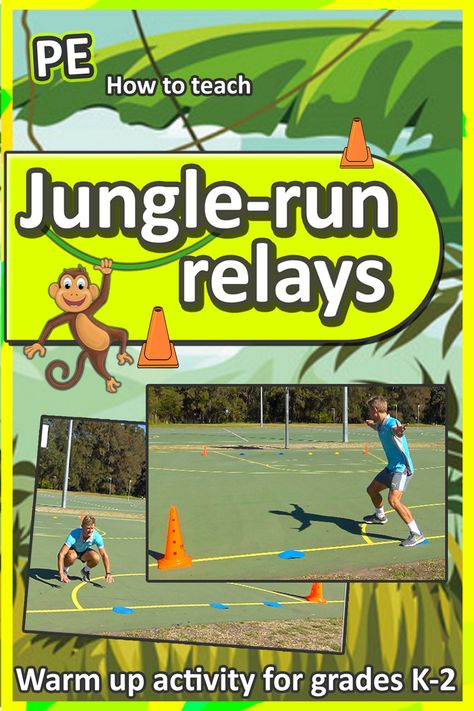 Jungle runs - A simple themed warm-up game for grades K-3, great for any PE lesson Outdoor Pe Games For Elementary, Zoo Theme Gross Motor Activities, Jungle Themed Gross Motor Activities, Elementary School Fun Run, Rainforest Gross Motor Activities, Pe Games For Kindergarten, Sports Day Invitation, Gymnastics Warm Ups, Preschool Gym