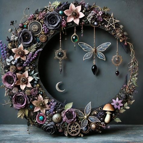 Moon Wreath With Crystals, Crescent Moon Wreath Diy, Moon Wreath Diy, Wreath With Crystals, Witchy Wreaths, Moon Wreaths, Diy Forest, Crescent Moon Wreath, Diy Dream Catcher