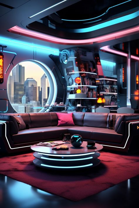 Neofuturism Interior Design, Cyberpunk Kitchen, Spaceship Bedroom, Sci Fi Apartment, Futuristic Rooms, Sci Fi Home, Futuristic Apartment, Futuristic Concept Art, Futuristic Bedroom