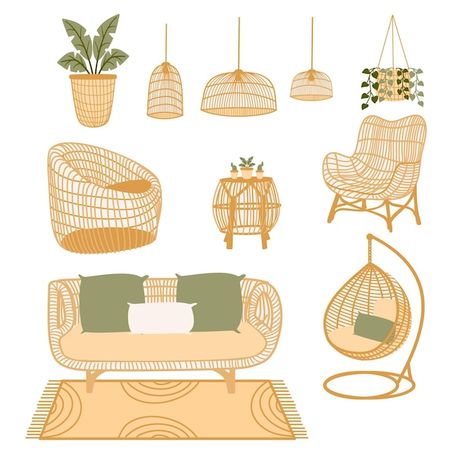 Bohemian rattan collection furniture in ... | Premium Vector #Freepik #vector #background #mockup #tree #design Ratan Tata Illustration, Rattan Architecture, Byo Living Rattan, Vector Room Illustration, Rattan Pattern Svg, Interior Design Vector, Flower Border Clipart, Product Illustration, Bamboo Sofa