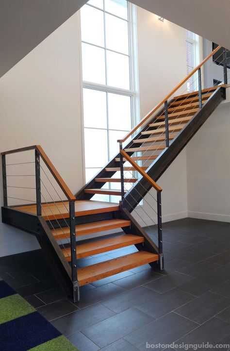 Builder: Kevin Cradock Builders Architect: Helios Design Group Photographer: Chris Hosford L Shaped Stairs, Steel Stairs Design, Staircase Light, Industrial Staircase, Gray Tiles, Industrial Stairs, Staircase Design Modern, Staircase Railing Design, Contemporary Staircase