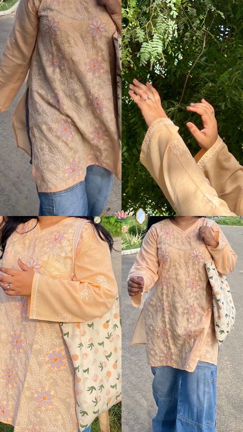 Bell Jeans Outfit, Short Kurti Look, Normal Kurti, Brown Kurti, Chubby Aesthetic Outfit, Kurti Outfit, Pink Jeans Outfit, Lace Designs On Suits, Peach Jeans