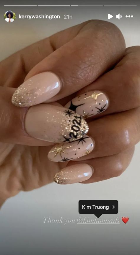 Kerry Washington Kicked Off the New Year With the Prettiest Glitter-Drenched Manicure — See the Photos | Allure Pink New Years Nails Glitter, New Year Nail Designs Glitter Bling, New Years Nail Art For Short Nails, Round New Years Nails, Nee Year Nail Designs, New Years Nails Colorful, Newyear Nails New Years Eve, Gold Firework Nails, Short Nail New Year Designs