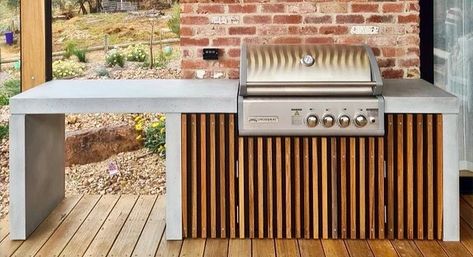 Outdoor Concrete Kitchen with Matching Bench Seat - Torquay | outdoor kitchen & architectural concrete Fireplace Backyard, Concrete Kitchens, Backyard Kitchen Ideas, Kitchen Design Outdoor, Kitchen Ideas Outdoor, Concrete Studio, Concrete Outdoor Kitchen, Architectural Concrete, Brick Bbq