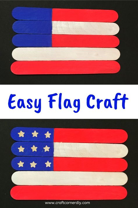 Learn how to make an American flag with craft sticks.  This is a super simple patriotic kids craft.  Perfect craft for Memorial Day or 4th of July celebrations.  #flagkidscraft #flagcraft #kidscraft Kids Craft Corner, American Flag Craft, Summer Daycare, 4th Of July Craft, American Flag Crafts, Fourth Of July Crafts For Kids, July Activities, Patriotic Kids, Library Programming