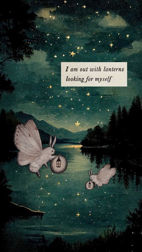 Two pale moths, each holding a lantern in the foreground, a blue starry forest landscape and a lake beyond. I Am Out With Lanterns, Stars Collage, Aesthetic Couple Breakup, Lantern Wallpaper, Free Spirit Aesthetic, World Oceans Day, Fantasy Nature, Quote Collage, Collage Wallpaper