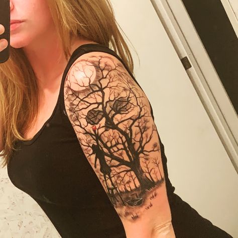 Women Skull Tattoo Sleeve, Tattoos Half Sleeve Women, Womens Skull Tattoo Ideas, Pretty Skull Tattoos For Women Sleeve, Spooky Half Sleeve Tattoos For Women, Space Filler Tattoo Ideas, Skull And Tree Tattoo, Spooky Feminine Tattoos, Horror Sleeve Tattoos For Women