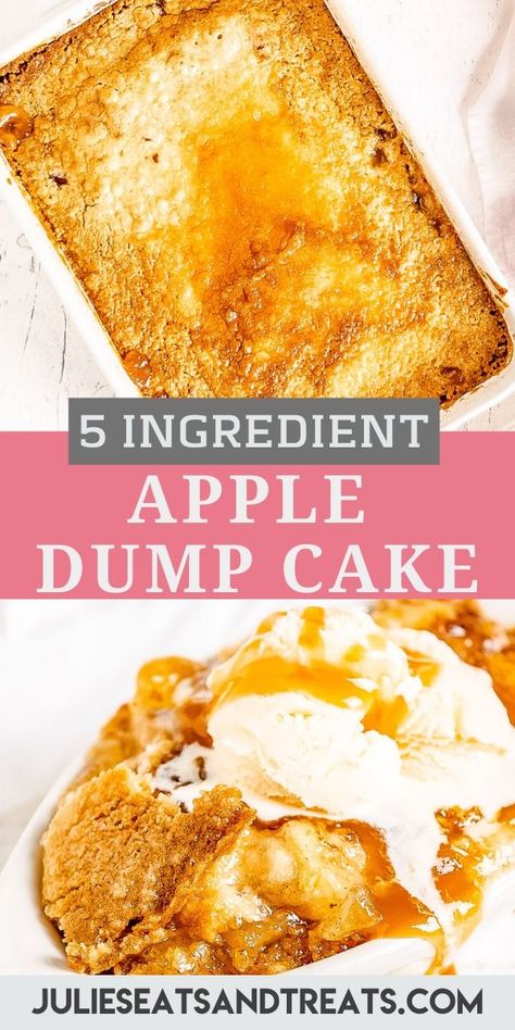 Need an easy dessert? Then you need to make a Dump Cake especially if it's this quick and easy Caramel Apple Dump Cake! It only takes five ingredients to make this quick and easy dessert. Don't forget to serve it with ice cream and caramel drizzled over it. Nothing beats this apple dessert warm from the oven. #dump #cake Apple Cinnamon Dump Cake, Cinnamon Dump Cake, Apple Dessert Recipes Easy, Apple Dump Cake Recipe, Easy Dump Cake Recipe, Apple Dump Cake, Apples And Cinnamon, Fast Desserts, Scoop Of Ice Cream