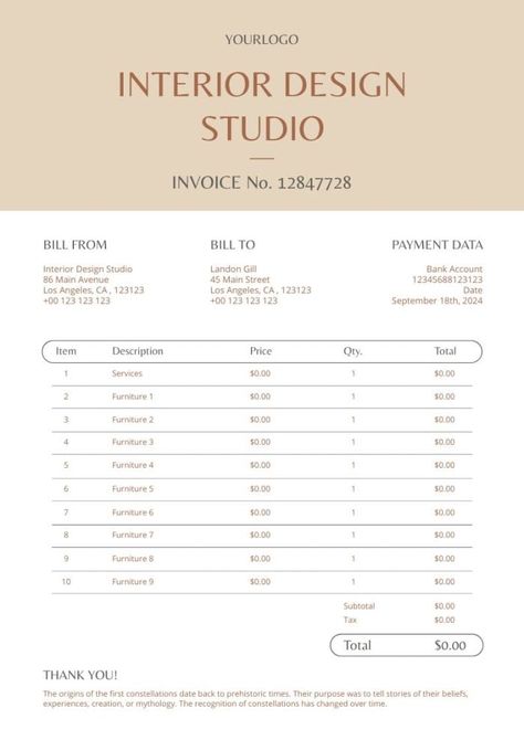 Minimalist Elegant Interior Design Studio Invoice Interior Design Invoice Template, Interior Design Quotation Format, Client Profile Interior Design, Interior Design Quotation, Interior Design Invoice, Interior Design Visual Presentation, Interior Design Brief, Design Invoice, Contract Interior Design