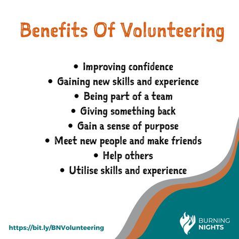 Have you thought about becoming a volunteer and giving your time and skills to help others? There are many benefits of volunteering with Burning Nights. #CRPS #volunteering If your interested in volunteering follow the link below: Family Volunteering Ideas, Benefits Of Volunteering, Volunteer Inspiration, Learning Pit, Grant Proposal Writing, Online Volunteering, Classroom Volunteer, Volunteer Quotes, Volunteer Recognition