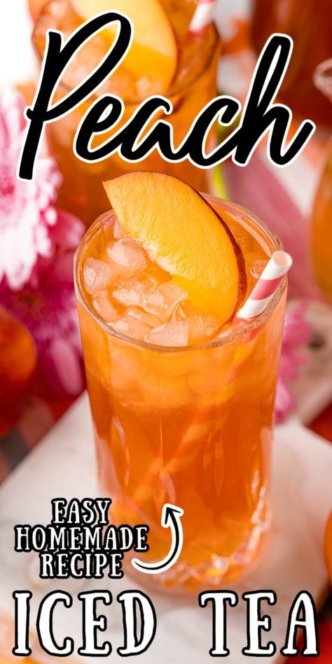 Peach Iced Tea mixes freshly steeped tea with homemade peach simple syrup for the perfect summertime drink that you'll instantly love! via @sugarandsoulco Peach Iced Tea Recipe, Flavored Tea Recipes, Peach Tea Recipe, Iced Tea Recipes Homemade, Peach Iced Tea, Sweet Tea Recipes, Iced Tea Recipe, Tea Drink Recipes, Peach Syrup